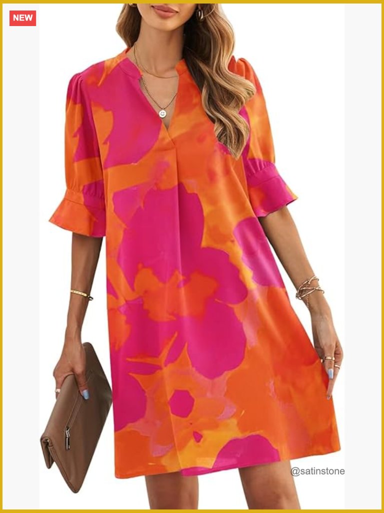 V-Neck Ruffled Short Sleeve Shift Dress With Ruffle Sleeves